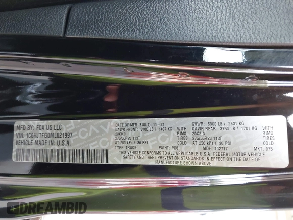 2021 Jeep Gladiator High Altitude с VIN 1C6HJTFG0ML621997, выставлен на аукционе IAAI как лот 42340215 с пробегом 69 079 миль миль и . История ставок и продаж доступна на DreamBid. Изображение 9.