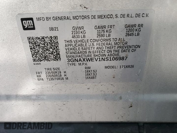 2022 Chevrolet Equinox RS with VIN 3GNAXWEV1NS106987, listed as a Copart auction lot 65253865 with 29,171 mi miles and Non repairable. Bid and sale history available at DreamBid. Image 13.