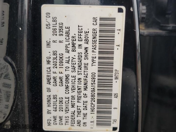 2009 Honda Accord Sdn EX-L with VIN 1HGCP26809A154900, listed as a Copart auction lot 51870825 with 179,353 mi miles and Clean Title. Bid and sale history available at carsss.com. Image 12.