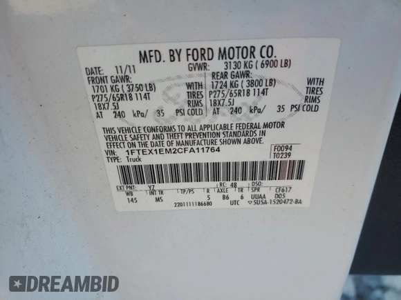 2012 Ford F-150 XL with VIN 1FTEX1EM2CFA11764, listed as a Copart auction lot 44336535 with 182,797 mi miles and Salvage Title. Bid and sale history available at carsss.com. Image 12.
