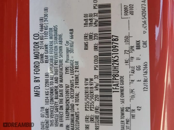 2019 Ford Mustang EcoBoost with VIN 1FATP8UH2K5109787, listed as a Copart auction lot 41433363 with 66,592 mi miles and Salvage Title. Bid and sale history available at carsss.com. Image 12.