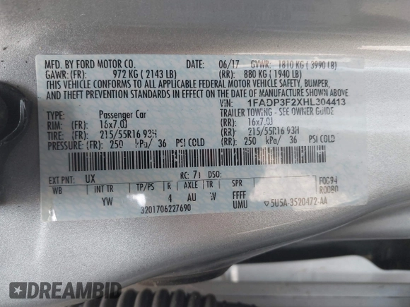 2017 Ford Focus SE with VIN 1FADP3F2XHL304413, listed as a IAAI auction lot 41939334 with 106,074 mi miles and . Bid and sale history available at DreamBid. Image 9.