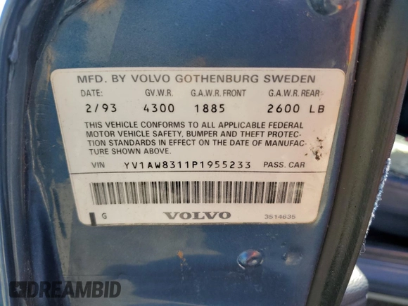 1993 Volvo 240 with VIN YV1AW8311P1955233, listed as a Copart auction lot 76514004 with 216,723 mi miles and Salvage title. Bid and sale history available at DreamBid. Image 12.