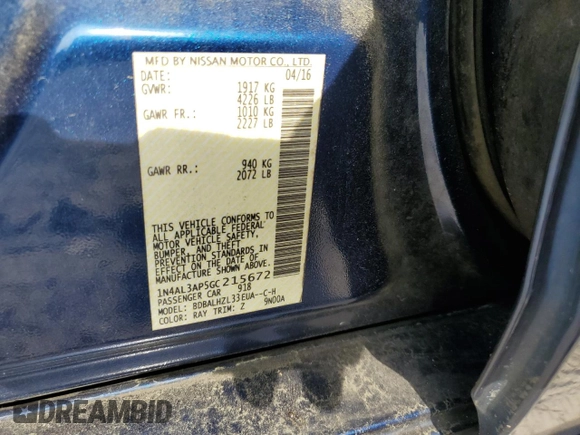 2016 Nissan Altima SR with VIN 1N4AL3AP5GC215672, listed as a Copart auction lot 54523825 with 174,099 mi miles and Salvage Title. Bid and sale history available at DreamBid. Image 13.