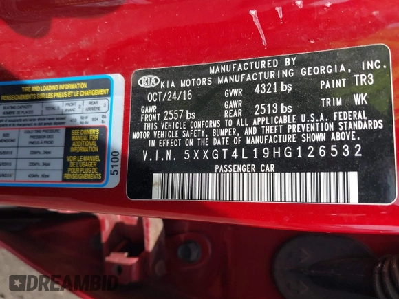 2017 Kia Optima LX 1.6T with VIN 5XXGT4L19HG126532, listed as a IAAI auction lot 41899304 with 130,739 mi miles. Bid and sale history available at carsss.com. Image 9.