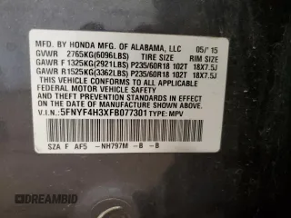 2015 Honda Pilot SE with VIN 5FNYF4H3XFB077301, listed as a Copart auction lot 50770575 with 90,373 mi miles and Salvage Title. Bid and sale history available at DreamBid. Image 13.