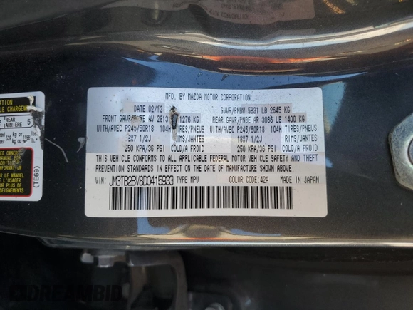 2013 Mazda CX-9 Sport with VIN JM3TB2BV8D0415933, listed as a Copart auction lot 87104174 with 106,889 mi miles and Clean Title. Bid and sale history available at DreamBid. Image 13.