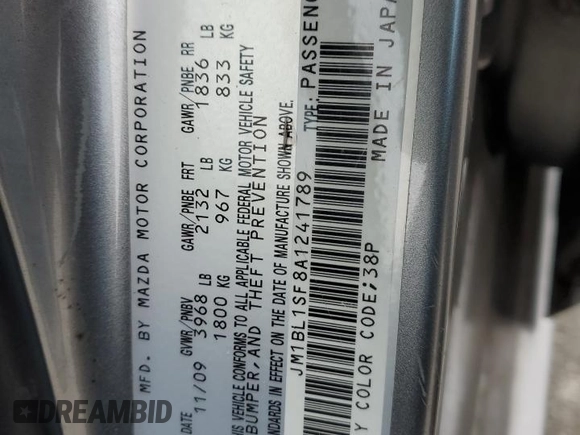 2010 Mazda 3 i SV with VIN JM1BL1SF8A1241789, listed as a Copart auction lot 51345275 with 160,227 mi miles and Salvage Title. Bid and sale history available at DreamBid. Image 13.