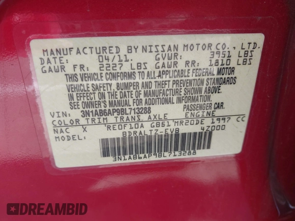 2011 Nissan Sentra 2.0 with VIN 3N1AB6AP9BL713288, listed as a IAAI auction lot 41449062 with 132,796 mi miles and . Bid and sale history available at DreamBid. Image 9.