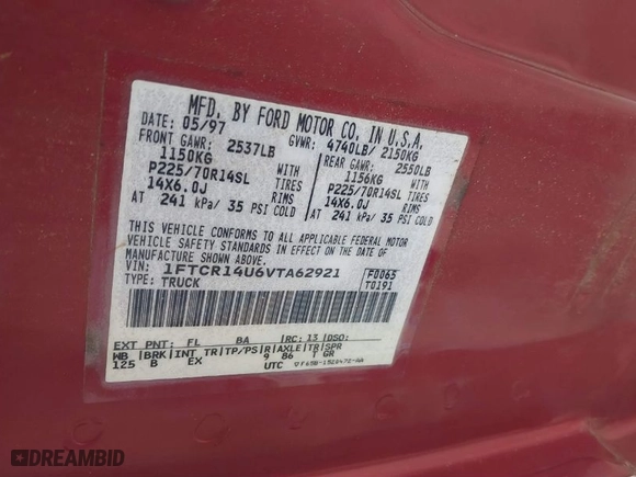 1997 Ford Ranger XL with VIN 1FTCR14U6VTA62921, listed as a IAAI auction lot 41349151 with 166,438 mi miles. Bid and sale history available at carsss.com. Image 9.