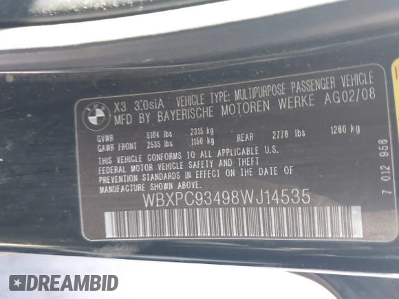 2008 BMW X3 3.0si with VIN WBXPC93498WJ14535, listed as a IAAI auction lot 41997582 with 131,401 mi miles. Bid and sale history available at carsss.com. Image 9.