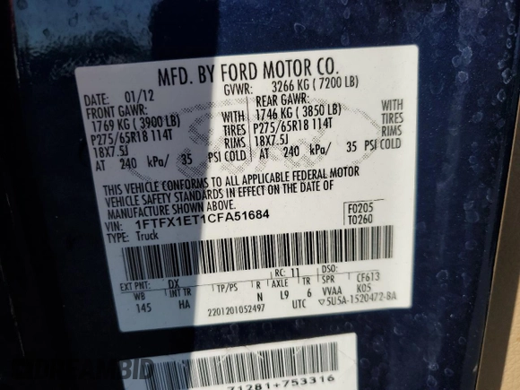 2012 Ford F-150 XL с VIN 1FTFX1ET1CFA51684, выставлен на аукционе Copart как лот 62637065 с пробегом Не указан миль и Списание • Salvage title. История ставок и продаж доступна на DreamBid. Изображение 13.
