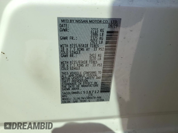 2020 Infiniti QX60 Luxe with VIN 5N1DL0MN8LC518712, listed as a Copart auction lot 45450495 with 37,265 mi miles and Salvage Title. Bid and sale history available at DreamBid. Image 14.