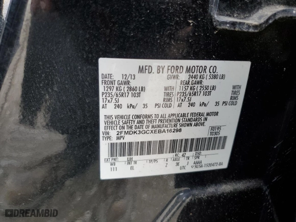2014 Ford Edge SE with VIN 2FMDK3GCXEBA16298, listed as a Copart auction lot 52454645 with 100,235 mi miles and Salvage Title. Bid and sale history available at carsss.com. Image 13.