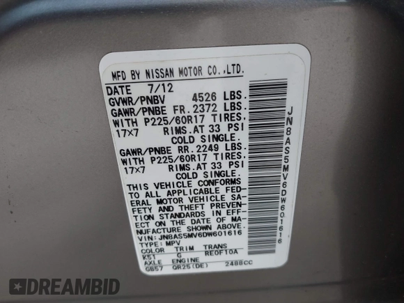 2013 Nissan Rogue S with VIN JN8AS5MV6DW601616, listed as a IAAI auction lot 42230998 with 119,521 mi miles and . Bid and sale history available at DreamBid. Image 9.