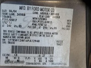 2004 Ford F-150 XLT with VIN 1FTRW12W14FA12948, listed as a Copart auction lot 48560795 with 266,969 mi miles and Salvage Title. Bid and sale history available at carsss.com. Image 12.