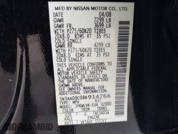 2008 Infiniti QX56 z VIN 5N3AA08C08N914766, wystawiony jako IAAI lot #42347423 z przebiegiem 160 404 mil mil oraz . Historia ofert i sprzedaży dostępna na DreamBid. Obrazek 9.