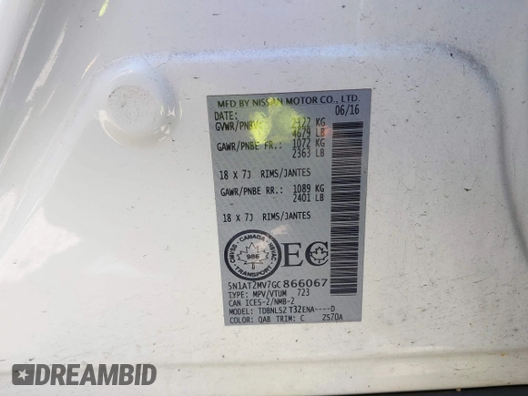 2016 Nissan Rogue SL with VIN 5N1AT2MV7GC866067, listed as a IAAI auction lot 42023831 with 94,727 mi miles and . Bid and sale history available at DreamBid. Image 9.