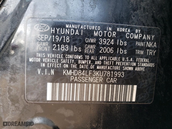 2019 Hyundai Elantra Preferred with VIN KMHD84LF3KU781993, listed as a Copart auction lot 46260865 with 41,084 mi miles and Salvage Title. Bid and sale history available at carsss.com. Image 12.