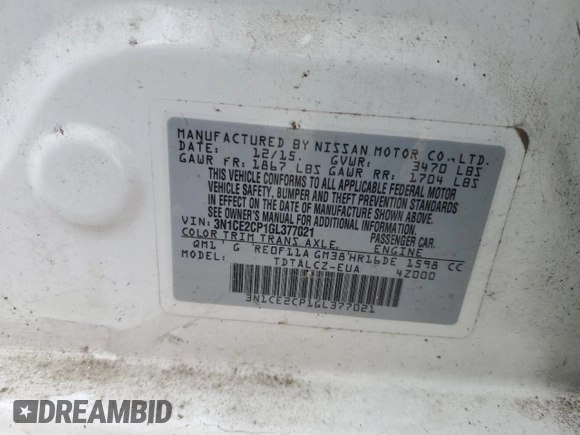 2016 Nissan Note SR with VIN 3N1CE2CP1GL377021, listed as a Copart auction lot 88862835 with 112,521 mi miles and Salvage title. Bid and sale history available at DreamBid. Image 12.