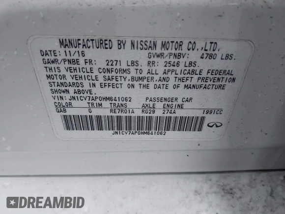 2017 Infiniti Q50 2.0t with VIN JN1CV7AP0HM641062, listed as a IAAI auction lot 41380194 with 114,813 mi miles and . Bid and sale history available at DreamBid. Image 9.