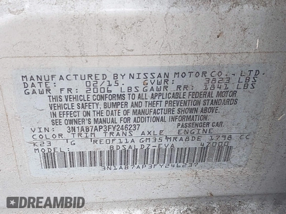 2015 Nissan Sentra SR with VIN 3N1AB7AP3FY246237, listed as a IAAI auction lot 41971405 with 174,105 mi miles and . Bid and sale history available at DreamBid. Image 9.