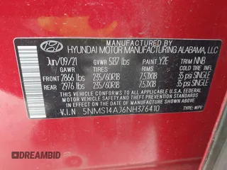 2022 Hyundai Santa Fe SE with VIN 5NMS14AJ6NH376410, listed as a IAAI auction lot 42005742 with 46,414 mi miles and . Bid and sale history available at DreamBid. Image 9.