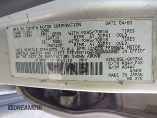2000 Toyota 4Runner Limited с VIN JT3HN87R8Y9040118, выставлен на аукционе IAAI как лот 42496515 с пробегом 233 281 миль миль и . История ставок и продаж доступна на DreamBid. Изображение 9.