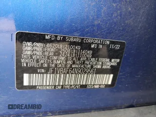 2022 Subaru WRX Premium with VIN JF1VBAF64N9029561, listed as a Copart auction lot 56467545 with 42,596 mi miles and Salvage title. Bid and sale history available at DreamBid. Image 12.
