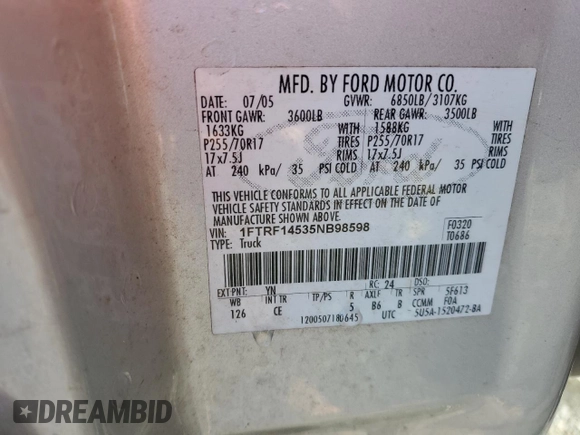 2005 Ford F-150 XL with VIN 1FTRF14535NB98598, listed as a Copart auction lot 88928675 with 214,304 mi miles and Salvage Title. Bid and sale history available at carsss.com. Image 12.
