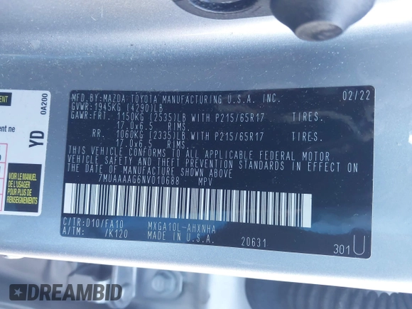 2022 Toyota Corolla Cross L with VIN 7MUAAAAG6NV010688, listed as a IAAI auction lot 41212520 with 50,075 mi miles and . Bid and sale history available at DreamBid. Image 9.