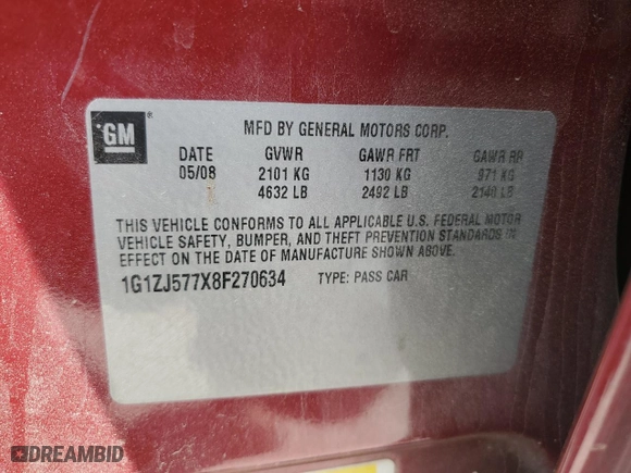 2008 Chevrolet Malibu LT w/2LT with VIN 1G1ZJ577X8F270634, listed as a Copart auction lot 50767505 with 173,281 mi miles and Salvage Title. Bid and sale history available at carsss.com. Image 12.
