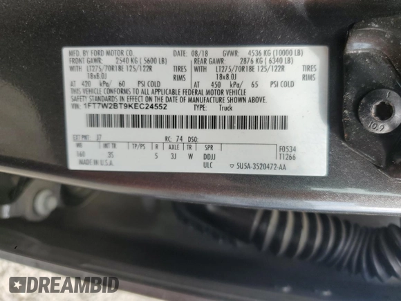 2019 Ford F-250 XL with VIN 1FT7W2BT9KEC24552, listed as a Copart auction lot 60644435 with 115,689 mi miles and Salvage title. Bid and sale history available at DreamBid. Image 12.