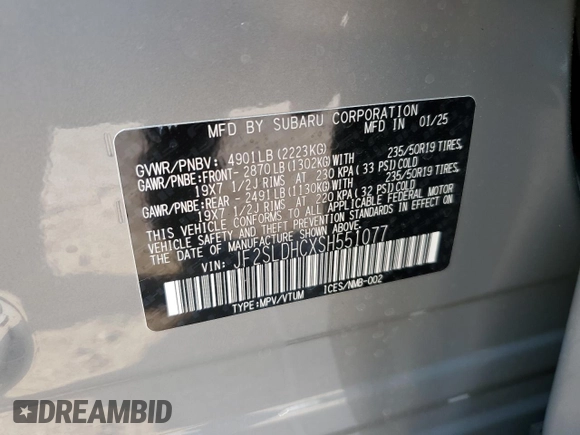 2025 Subaru Forester Special Sports with VIN JF2SLDHCXSH551077, listed as a Copart auction lot 53276425 with Not provided miles and Salvage title. Bid and sale history available at DreamBid. Image 12.