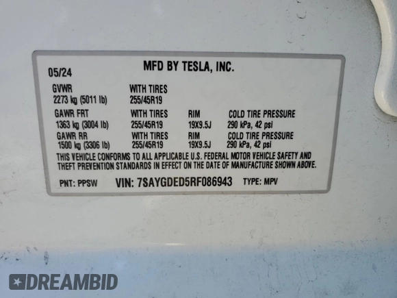 2024 Tesla Model Y с VIN 7SAYGDED5RF086943, выставлен на аукционе Copart как лот 43781735 с пробегом 11 954 миль миль и Списание • Salvage title. История ставок и продаж доступна на DreamBid. Изображение 12.