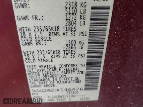 2018 Nissan Murano S with VIN 5N1AZ2MG2JN146476, listed as a Copart auction lot 48248175 with 100,182 mi miles and Salvage Title. Bid and sale history available at DreamBid. Image 15.