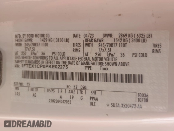2023 Ford F-150 XL with VIN 1FTEX1CP0PKE02275, listed as a Copart auction lot 43186685 with 50,745 mi miles and Salvage title. Bid and sale history available at DreamBid. Image 12.