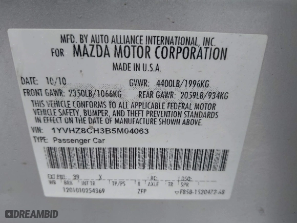 2011 Mazda Mazda6 i Touring with VIN 1YVHZ8CH3B5M04063, listed as a IAAI auction lot 41955922 with 151,409 mi miles. Bid and sale history available at carsss.com. Image 9.
