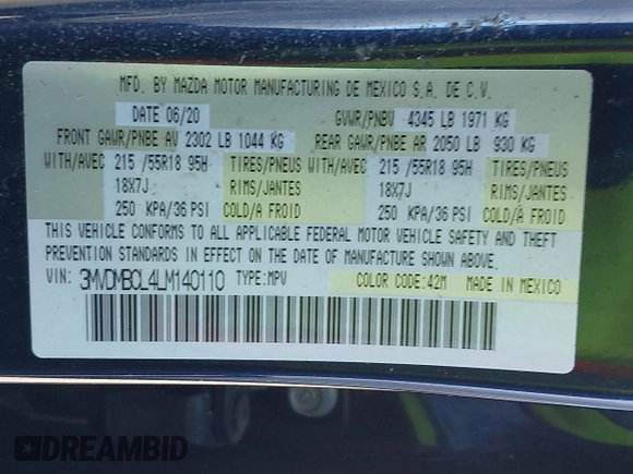 2020 Mazda CX-30 Select with VIN 3MVDMBCL4LM140110, listed as a IAAI auction lot 42194090 with 33,965 mi miles and . Bid and sale history available at DreamBid. Image 9.