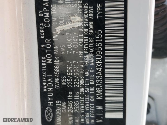 2019 Hyundai Tucson Value with VIN KM8J33A4XKU956155, listed as a Copart auction lot 53487735 with 84,453 mi miles and Clean Title. Bid and sale history available at carsss.com. Image 13.