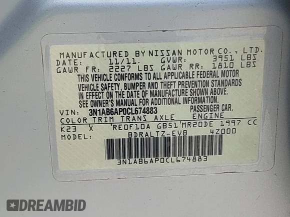 2012 Nissan Sentra S with VIN 3N1AB6AP0CL674883, listed as a IAAI auction lot 42728393 with 96,376 mi miles and . Bid and sale history available at DreamBid. Image 9.