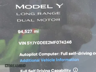 2021 Tesla Model Y Long Range with VIN 5YJYGDEE2MF074246, listed as a IAAI auction lot 40456971 with 94,527 mi miles. Bid and sale history available at carsss.com. Image 15.