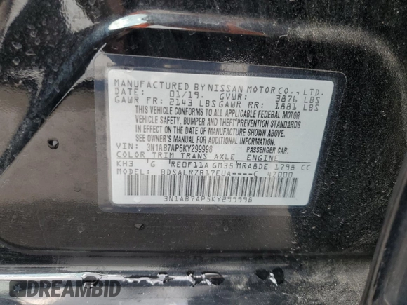 2019 Nissan Sentra SV z VIN 3N1AB7AP5KY299998, wystawiony jako Copart lot #56166795 z przebiegiem 87 370 mil mil oraz Nie do naprawy • Non repairable. Historia ofert i sprzedaży dostępna na DreamBid. Obrazek 13.