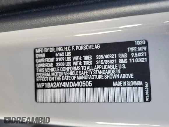 2021 Porsche Cayenne z VIN WP1BA2AY4MDA40505, wystawiony jako Copart lot #54392075 z przebiegiem Nie podano mil oraz Szkoda całkowita • Salvage title. Historia ofert i sprzedaży dostępna na DreamBid. Obrazek 14.