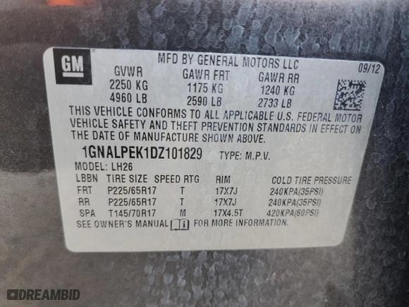 2013 Chevrolet Equinox LT with VIN 1GNALPEK1DZ101829, listed as a Copart auction lot 54609345 with 106,183 mi miles and Clean Title. Bid and sale history available at carsss.com. Image 13.