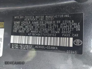 2007 Toyota Camry CE with VIN 4T1BE46K77U129152, listed as a IAAI auction lot 41954966 with 203,722 mi miles and . Bid and sale history available at DreamBid. Image 9.