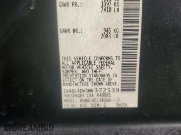 2021 Nissan Altima SV with VIN 1N4BL4DV3MN372539, listed as a Copart auction lot 87888815 with 57,786 mi miles and Salvage Title. Bid and sale history available at carsss.com. Image 15.