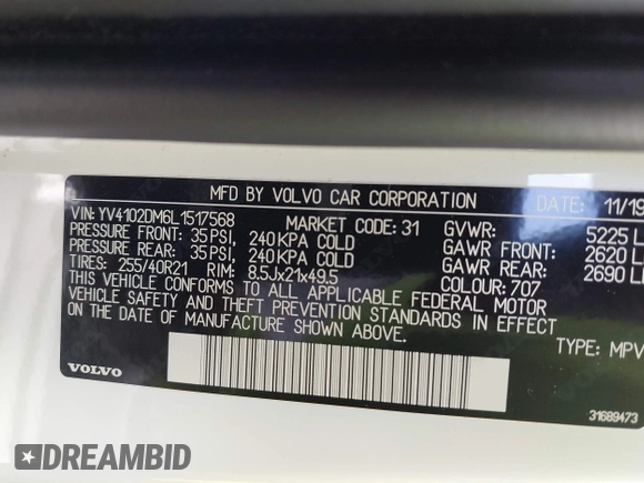 2020 Volvo XC60 R-Design with VIN YV4102DM6L1517568, listed as a IAAI auction lot 42383551 with 68,879 mi miles and . Bid and sale history available at DreamBid. Image 9.