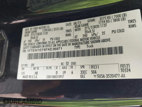 2015 Ford F-150 XLT с VIN 1FTEW1EF6FKE36971, выставлен на аукционе IAAI как лот 41338217 с пробегом 141 518 миль миль и . История ставок и продаж доступна на DreamBid. Изображение 9.