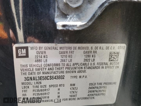 2012 Chevrolet Captiva Sport LT with VIN 3GNAL3E58CS643802, listed as a Copart auction lot 72177274 with 143,638 mi miles and Salvage Title. Bid and sale history available at DreamBid. Image 14.